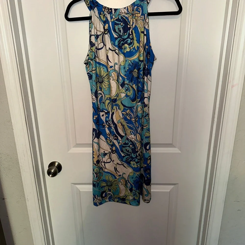 Isle by Melis Kozan Blue Green Floral Paisley Sleeveless Shift Dress Womens M‎